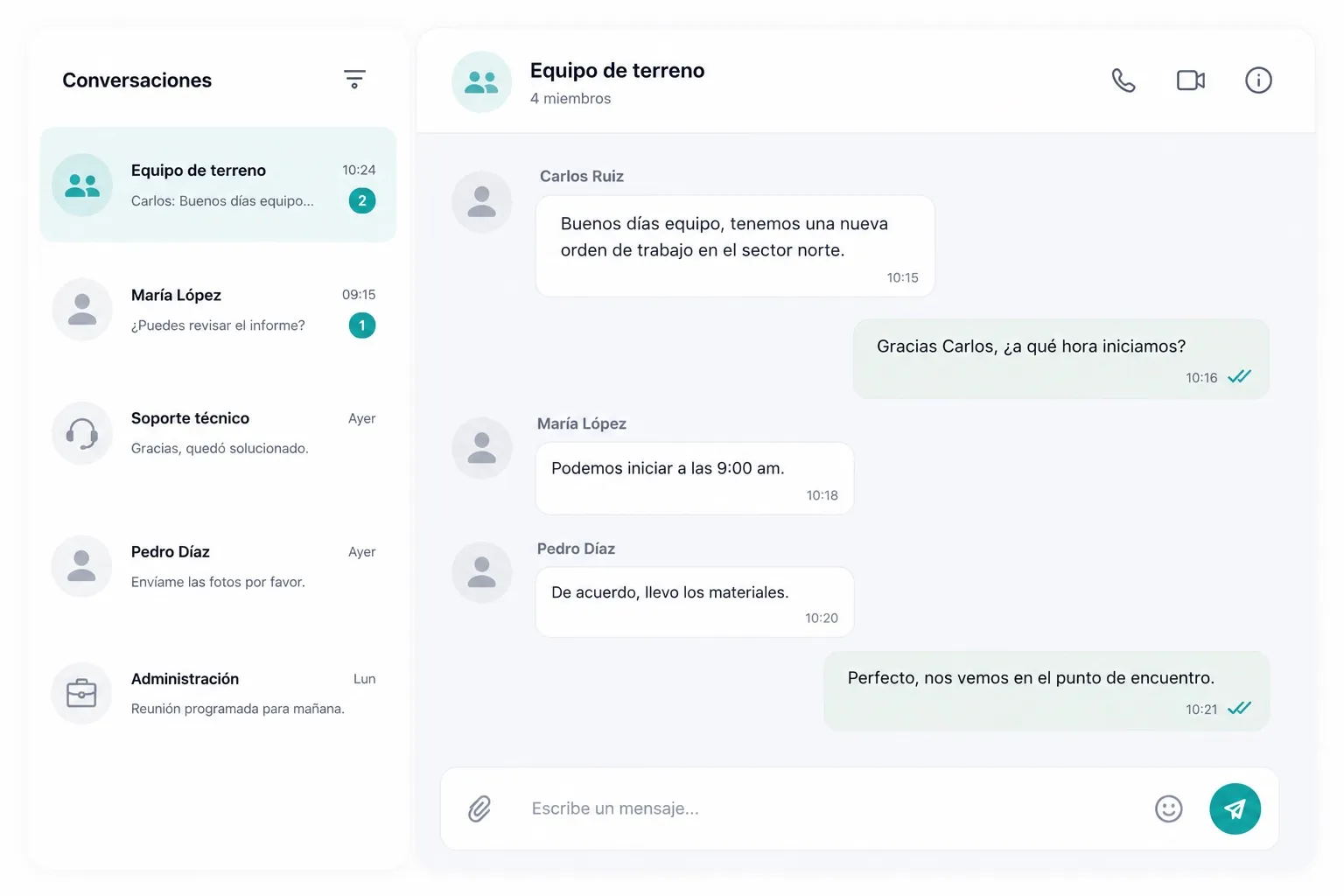 Vista previa de la mensajería interna entre equipos en OTapp