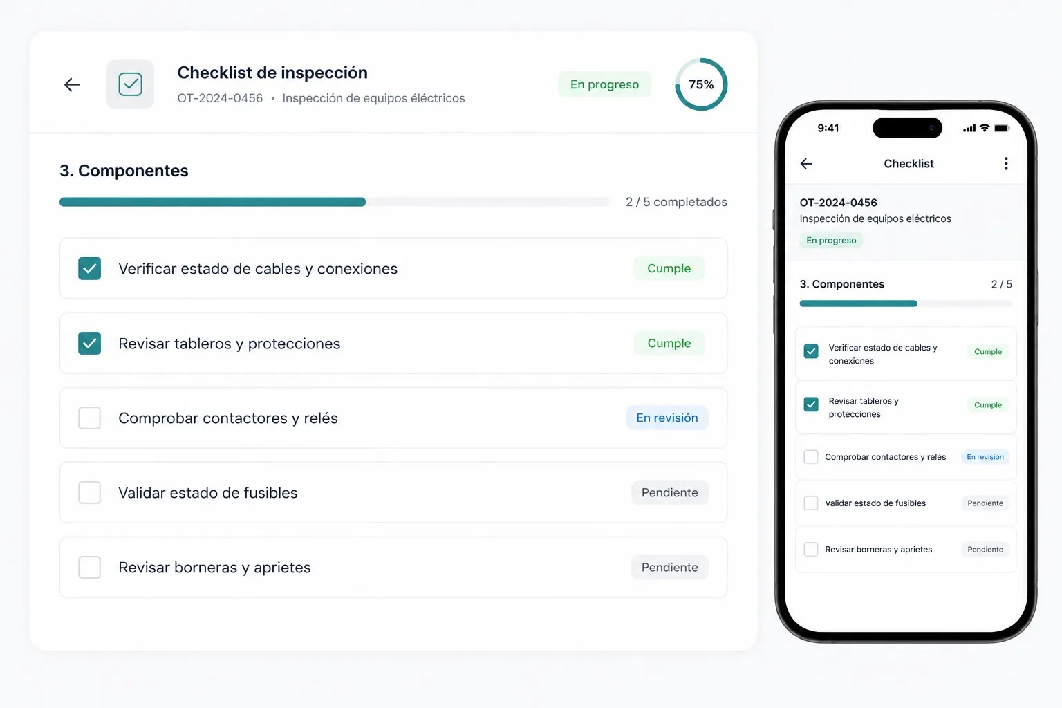 Vista previa de checklist de inspección con progreso en OTapp