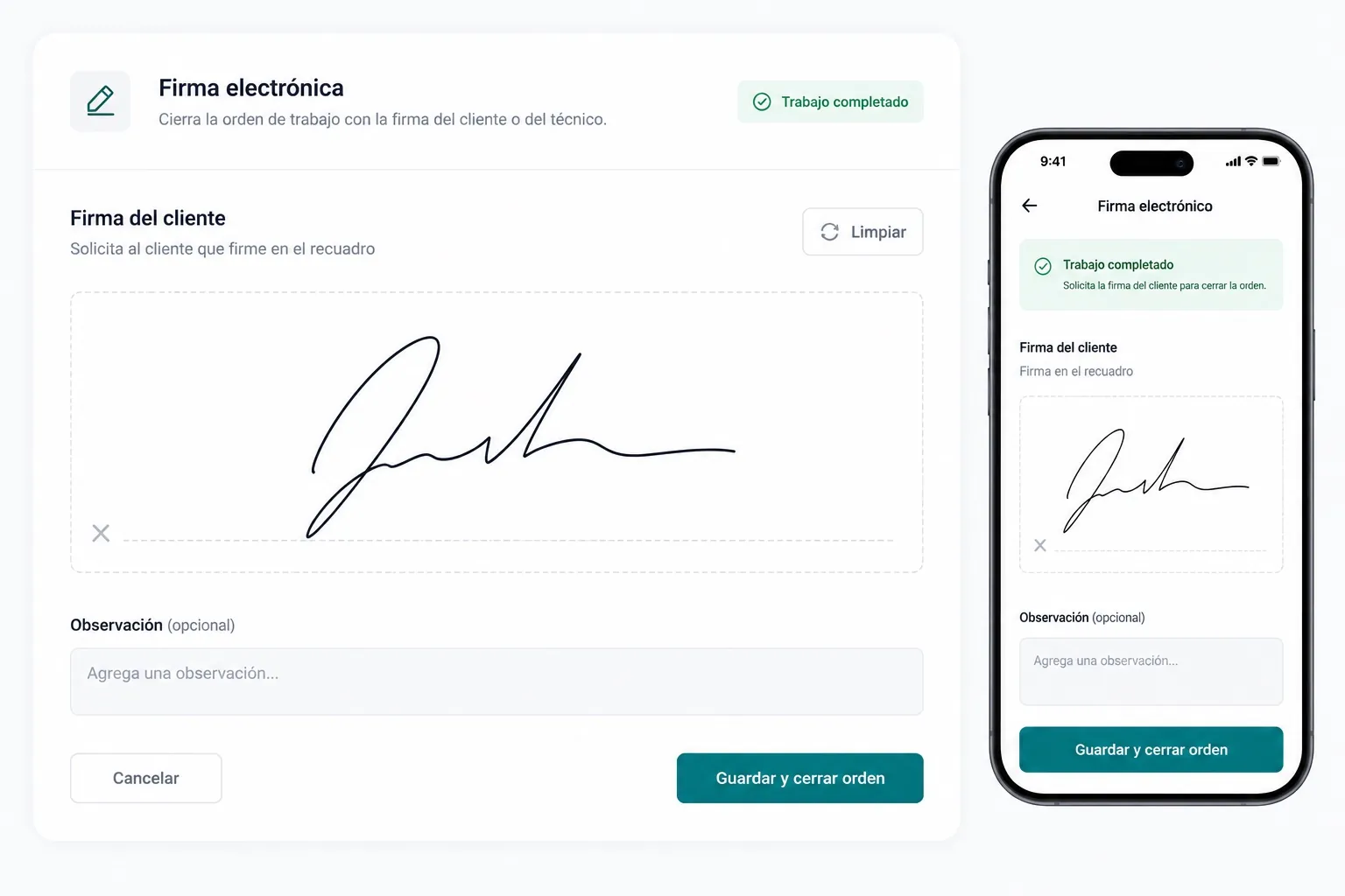 Vista previa de la firma en pantalla para cerrar órdenes de trabajo en OTapp