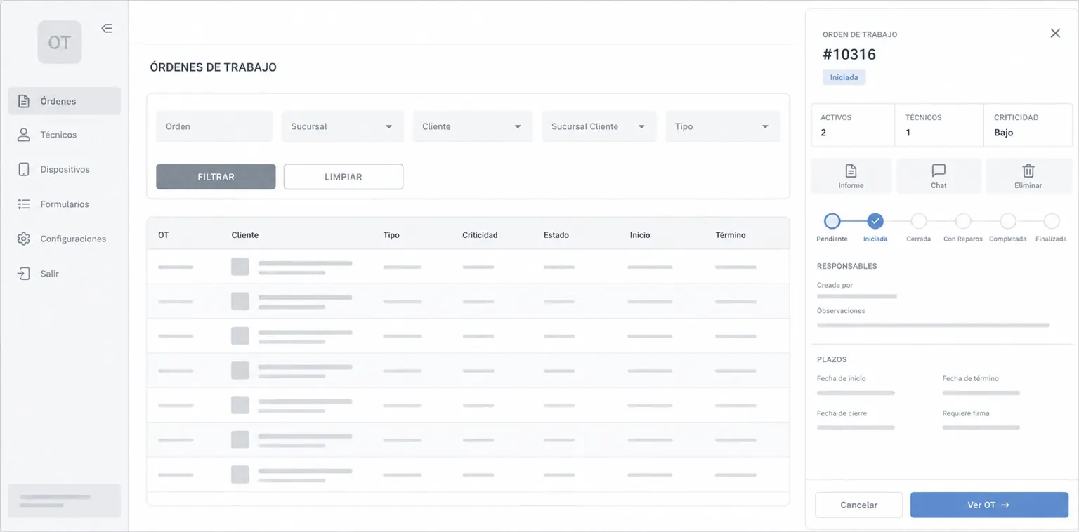 Vista previa del panel de gestión de órdenes de trabajo en OTapp